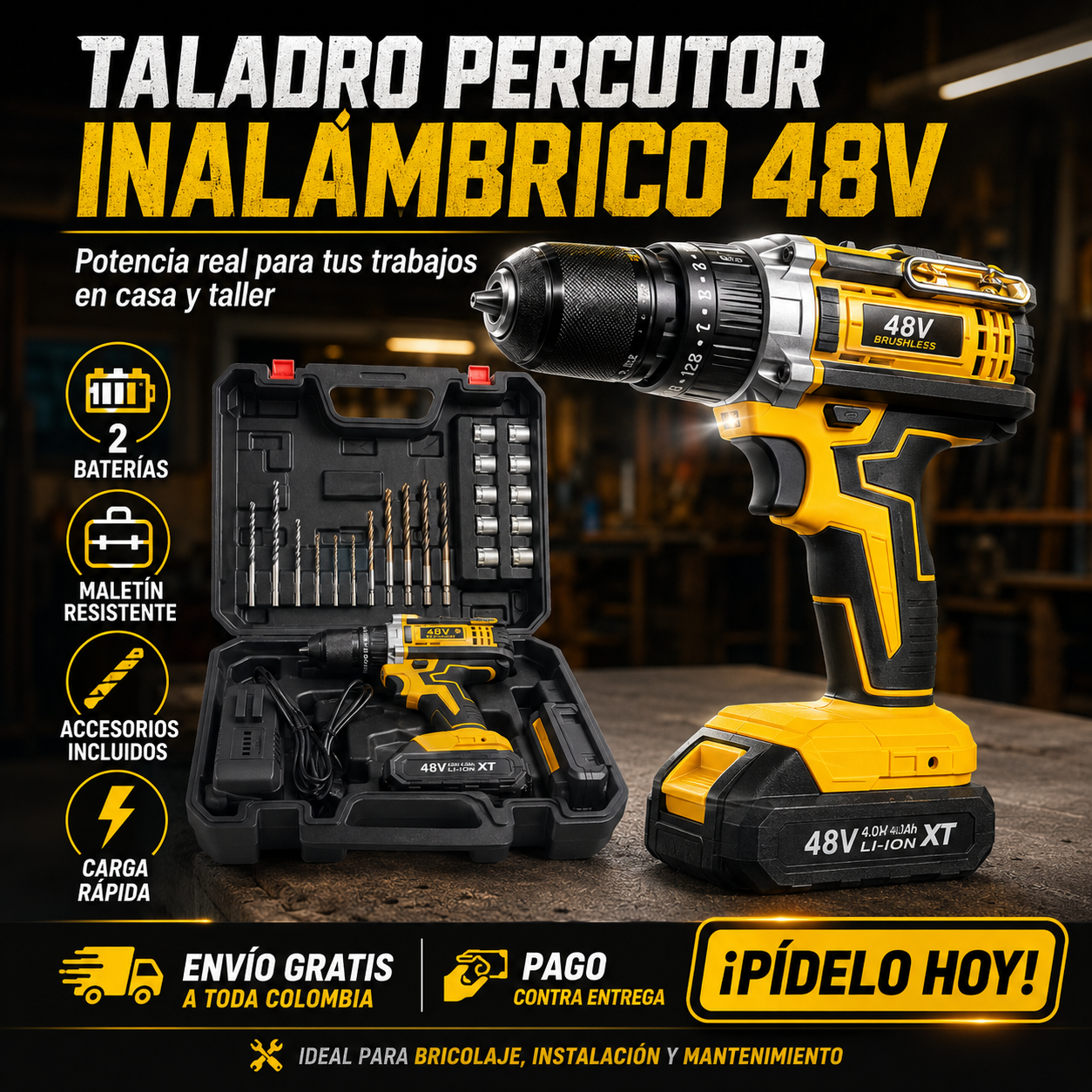 Taladro Inalámbrico DeWalt 48V con 2 Baterías Recargables
